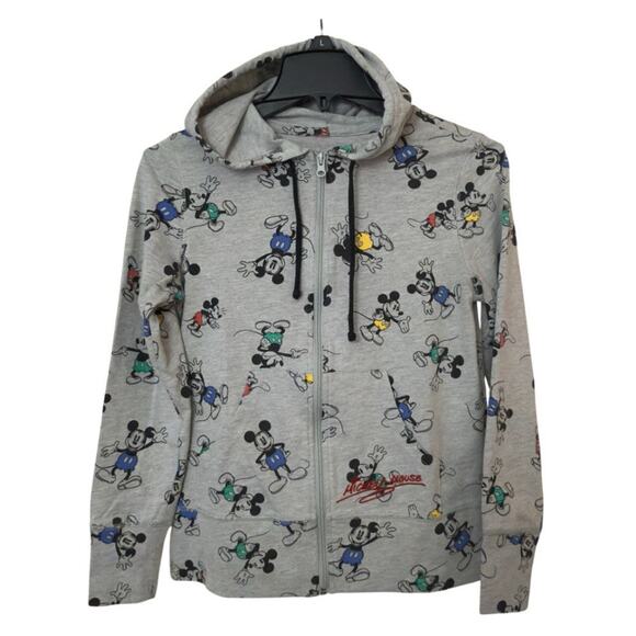 Disney Mickey Mouse Youth Hoodie Gray Zip All Over Print Sweatshirt Medium - Picture 1 of 9